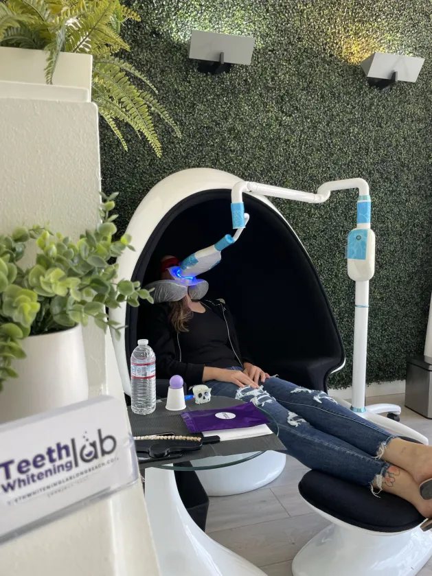Relaxing in the whitening pod at Teeth Whitening Lab